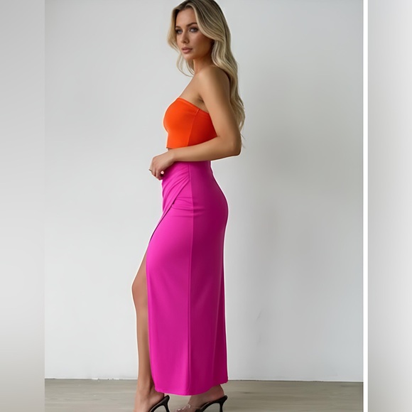 Slit Thigh Rib-knit Tube Dress Pink Orange - Picture 3 of 8